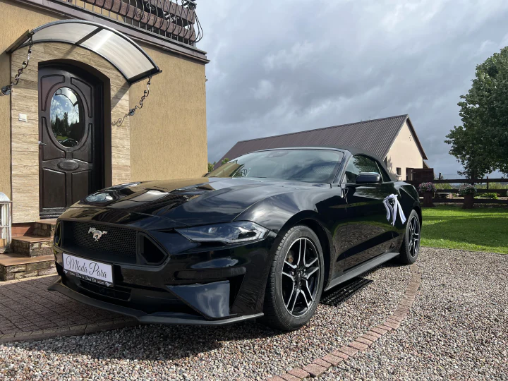 Mustang z otwartym dachem i białymi wstążkami, widok od przodu