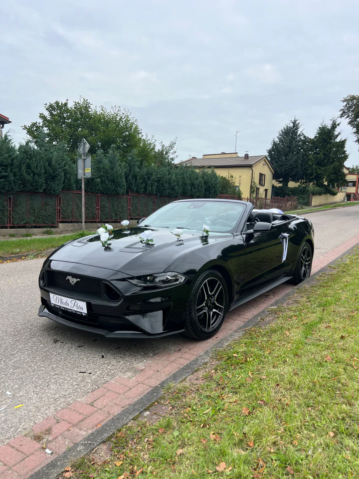 Udekorowany Mustang Cabrio z otwartym dachem czeka na Parę Młodą
